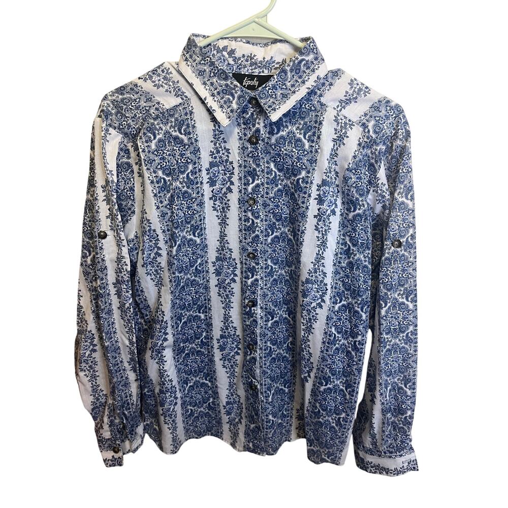 Vintage Tapestry Blue Paisley Collared Button Up Long Sleeve Western Style Top M